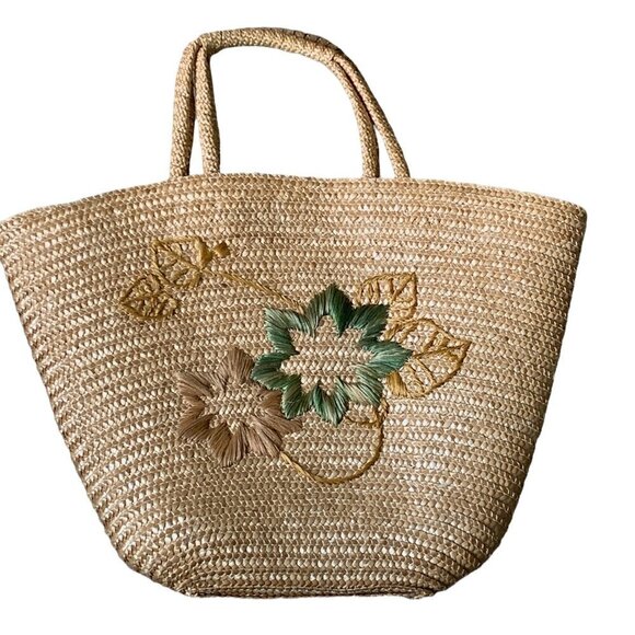 Straw Lined Beach Bucket Tote Bag Woven Flowers 172G - Picture 1 of 6